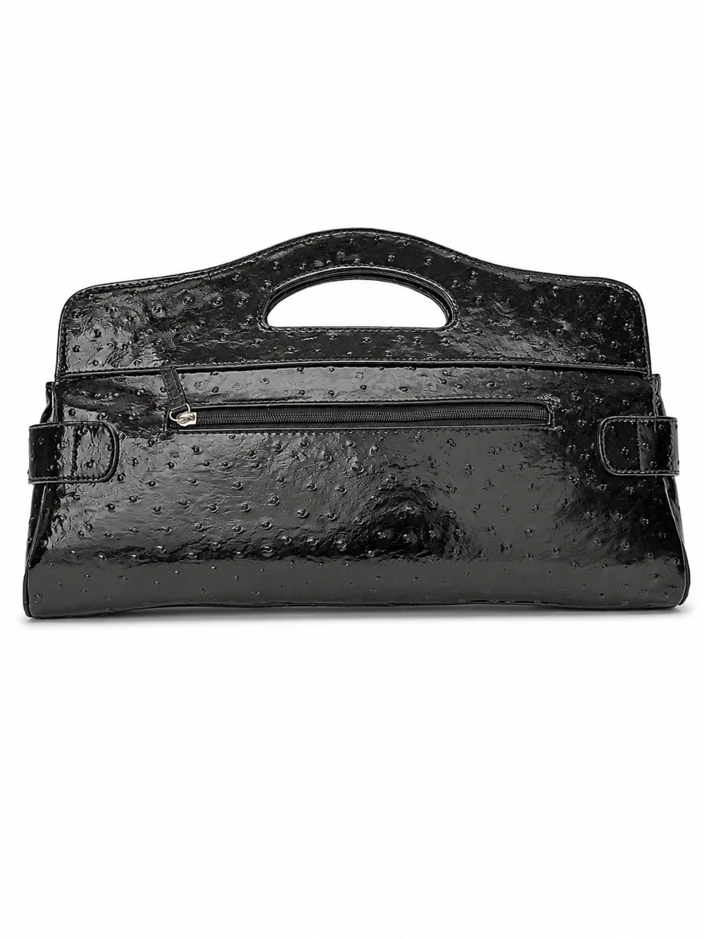 Guess Black Patent Ostrich Large Embossed Handbag Silver Hardware Clutch Purse